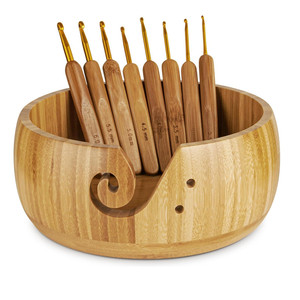 Bamboo Wooden Yarn Bowl Holder Craft Knitting Bowl with 8pcs Metal Crochet Hooks