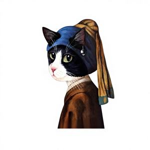 Elegant Cat with Pearl Earring Printed Art Deco Panel <b>Canvas</b> Artwork Modern Hanging Wall Decor Clear <b>Framed</b> - Product Image 1