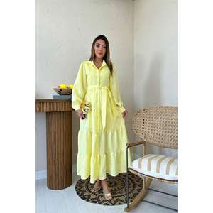 Vestido Largo Amarillo con Cinturón, Cuello Redondo, Corte Holgado, Tejido Translúcido, Informal para Uso Diario - Product Image 5