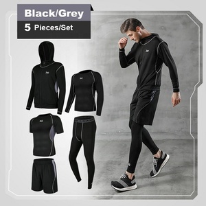 Wholesale Seamless Slim Fit <strong>Hoodies</strong> <strong>Short</strong> Sleeve t Shirt Long Sleeve t Shirt <strong>Shorts</strong> Pants <strong>Man</strong> 5 Pieces Gym Wear <strong>Sets</strong> - Product Image 3
