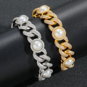 Hip Hop 15mm Pearl <b>Cuban</b> <b>Chain</b> Hip Hop Bracelet Men's Accessories Tanjing Fashion Lijing Necklace - Product Image 3