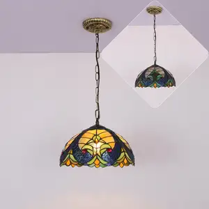 Lampu gantung gaya Tiffany 12 inci, lampu gantung kaca berwarna Barok lampu langit-langit