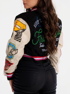 Haut court de baseball à la mode personnalisée, <span class=keywords><strong>veste</strong></span> ample et décontractée pour femmes, <span class=keywords><strong>veste</strong></span> Letterman en polyester avec écusson pour femmes - Product Image 4