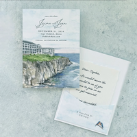 Invitations de mariage 2026 personnalisées, style chic côtier, avec impression palmiers vert sauge, sur papier coton, estampées à la presse typographique et gaufrées, pour cartes de répétition