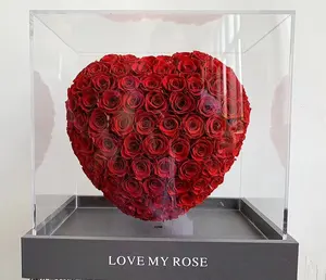 New Desgin Luxury Huge Heart Natural 30*30cm Grow Eternal Real Preserved Roses In Acrylic Box