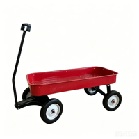 Chariot robuste en acier rouge avec roues tout-terrain lisses, idéal pour le camping, le jardinage et les sorties en plein air pour les enfants.