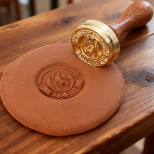 Sceau en argile personnalisé avec logo, motif, texte, forme, style manche en bois multiple - Product Image 1