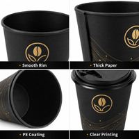 Gobelet à café en papier noir jetable à double paroi avec estampage à chaud doré, logo personnalisé, 4oz, 8oz, 12oz, avec couvercle en PS