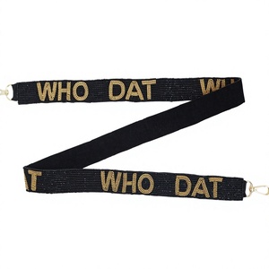 Cordon de cou perlé Who Dat noir et or avec texte, en nylon réglable, accessoire tendance avec crochet métallique - Product Image 1