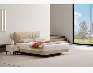 Italian Light Luxury Floating Leather <b>Bed</b> <b>Frame</b> Vertical Stitched Padded Headboard Upholstered for Modern Bedroom Decoration - Product Image 1