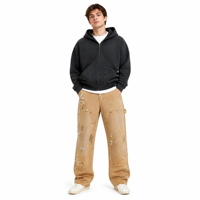 Pantalon cargo marron style workwear avec grandes poches plaquées, passant pour outils et effet éclaboussures