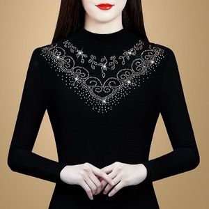 Women's Knit <b>Top</b> Long Sleeve Black Ribbed Semi High Neck Fleece Lined Warm Base <b>Layer</b> Autumn Winter Soft Geometric Pattern - Product Image 1