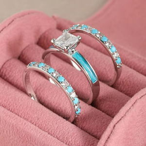 ZhuQian Vente en gros de 3 pièces/ensemble, bague élégante et délicate pour femmes, turquoise carrée, zircon scintillant, plaqué argent vintage, ensemble de bagues de <span class=keywords><strong>mariage</strong></span> - Product Image 1