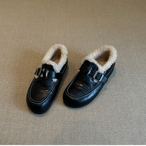 Genuine Leather Retro Women <b>Shoes</b> Belt Buckle Design Warm Furry Lined Slip-on <b>Shoes</b> Winter Warm Wrap-heel Cotton <b>Shoes</b> - Product Image 3