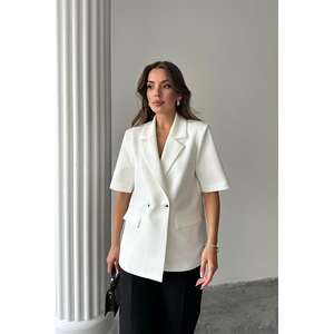 เสื้อแจ็คเก็ตเบลเซอร์แขนสั้นผู้หญิงสีขาว สไตล์ชุดทำงาน ป้องกันรอยยับ - Product Image 3