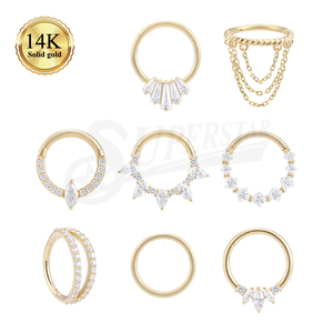 SUPERSTAR Venta al por mayor Pendientes de cartílago, anillo de nariz para septum y piercing de tercera parte de oro macizo de 14K, clásicos, con bisagra, tipo clicker y circonita cúbica - Product Image 1