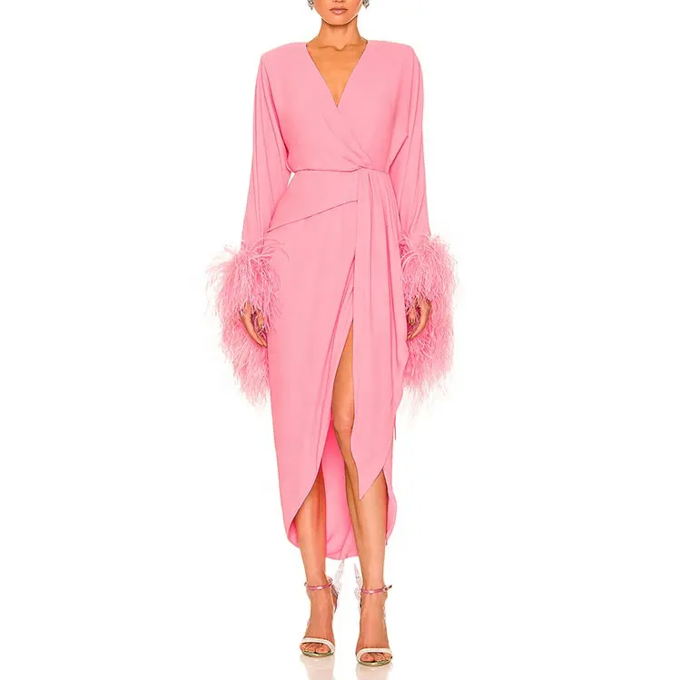 Luxe Fashion Design Hoge Kwaliteit Custom Roze Veren Jurk Maxi Lange Jurken