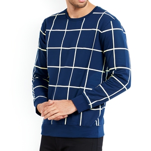 Men's <b>Navy</b> Blue Geometric Grid Print Crew Neck Pullover Sweatshirt Regular Fit Casual <b>Knitted</b> Long Sleeve - Product Image 1