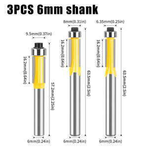 Vástago de 6mm y <span class=keywords><strong>1</strong></span>/4 pulgadas, cuchillas de carburo de 3T, cortador de molino de madera, brocas de enrutador de ajuste al Ras para carpintería con herramientas de corte de rodamientos - Product Image 5