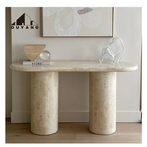 QUYANG Décoration de salon de luxe moderne <span class=keywords><strong>Table</strong></span> <span class=keywords><strong>console</strong></span> d'affichage en pierre de travertin <span class=keywords><strong>Table</strong></span> d'appoint en marbre - Product Image 1
