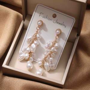 Boucles d'oreilles pendantes longues en perles baroques artistiques, style vintage, avec chaîne dorée et pompon, multi-perles, bijoux fantaisie pour femme - Product Image 2