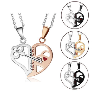 Pareja collar Heartbreak 2 cerraduras de llave Love You colgante collar de acero inoxidable corazón hombres mujeres San Valentín joyería regalos - Product Image 1