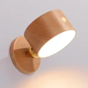 Madeira Wall Scone Bateria Operado Luz LED 360 Rotação Dimming Recarregável Wall Montado Cordles Wall Sconce Lamp