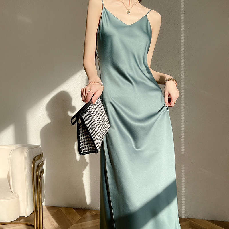 skims soft lounge long slip dress Ribbed Stretch Modal Camel Brown  House Of Huntington but now with sleeves Slip Dress Gown In Blue