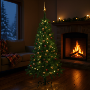 Sapin de Noël artificiel vert pré-éclairé de 59,1 pouces avec lumières LED blanc chaud et décorations en boules, base sur pied pour intérieur - Product Image 2