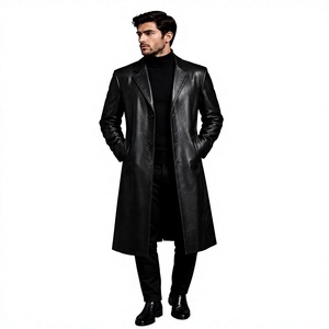 Men Genuine <b>Leather</b> Long <b>Trench</b> <b>Coat</b> Notched Lapel Single Breasted Overcoat With Pockets Regular Fit - Product Image 1