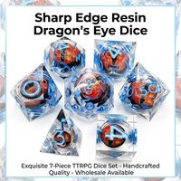 Ensemble de dés polyédriques en résine transparente faits à la main avec des inclusions d'œil de dragon, bords tranchants, 7 pièces, dés de jeu de rôle de table avec emballage en sac PE