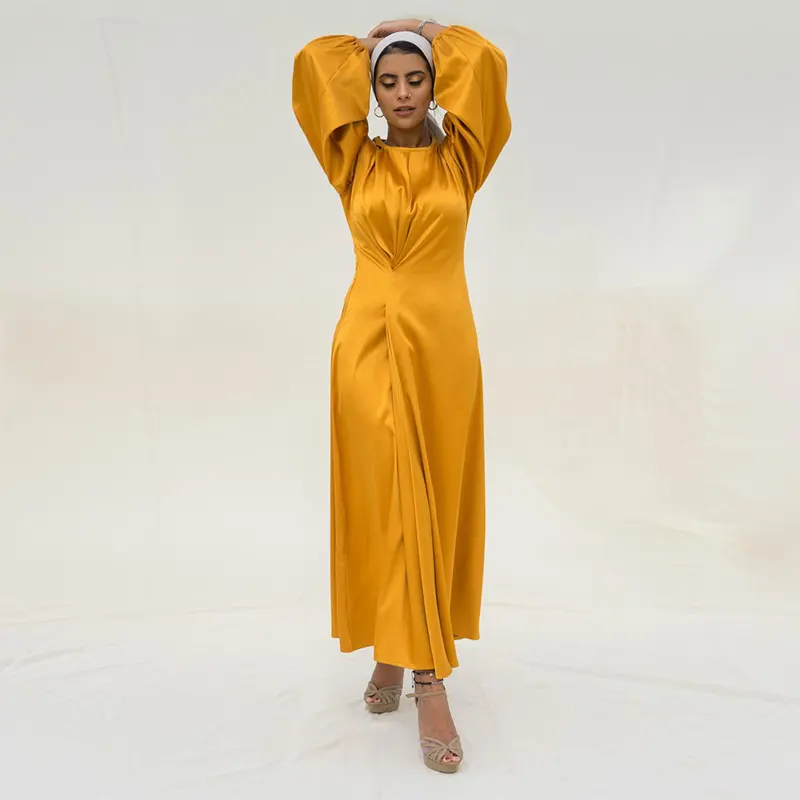 2012 high quality satin simply long maxi dress abaya dubai style in yellow
