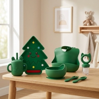 Ensemble d'alimentation pour bébé en silicone vert, comprenant assiette, bavoir, tasse à paille, bol, cuillère, fourchette et distributeur de nourriture, motif sapin de Noël, pour repas d'enfants
