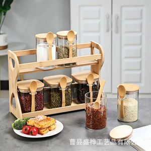 ชั้นวางของไม้ 2 ชั้น 8 ช่อง สำหรับจัดระเบียบเครื่องปรุงรสบนเคาน์เตอร์ครัว พร้อมขวดแก้วและช้อน - Product Image 5