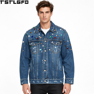 Veste en jean trucker délavée et vieillie personnalisée pour homme, bleue, avec strass colorés, vente en gros - Product Image 1