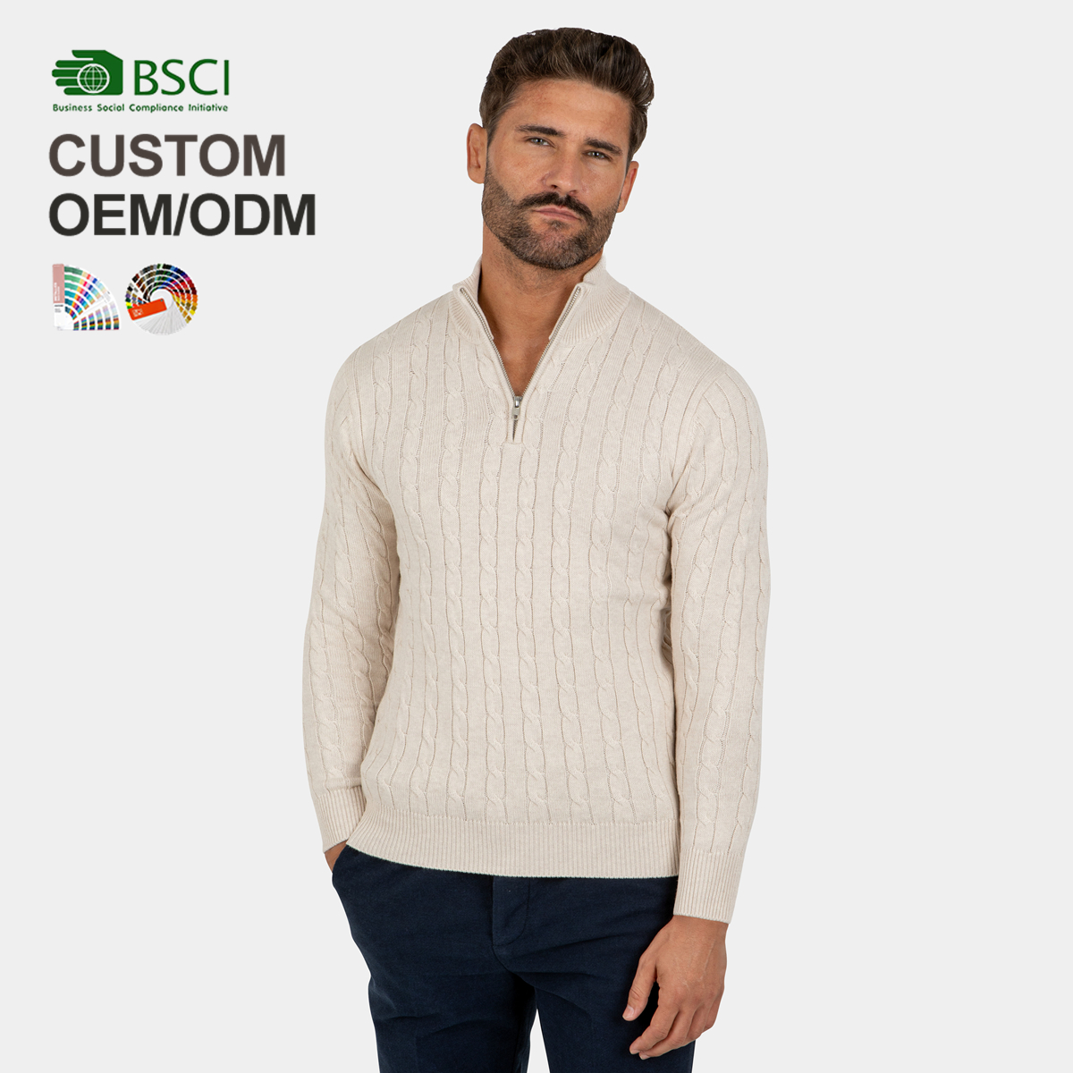 Custom Design White Anti-wrinkle Breathable Warm Cable Knit Men Cardigan 100% Melange Cotton Sweater