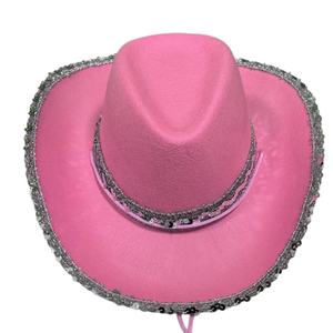 Sombrero vaquero rosa con ribete plateado, ala ancha, estilo fiesta para mujer, primavera-verano, transpirable, protección solar - Product Image 5