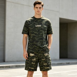 Conjuntos de camuflaje para hombre, conjuntos oversize casuales y holgados, ropa de trabajo, 100% algodón, ecológicos, camiseta y pantalones cortos para hombre - Product Image 3