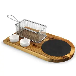 हैमबर्गर tableware सेट छोटे बांस और लकड़ी समर्थन स्लेट प्लेट स्टेनलेस स्टील टोकरी सिरेमिक मसाला कप सेट