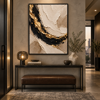 Art mural abstrait luxueux noir et or, peinture sur toile texturée 3D beige pour la décoration du hall d'hôtel, de la villa, du salon