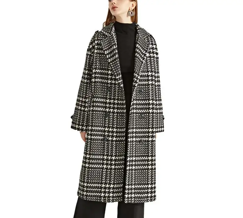 Fashion women's plus size coat long ladies houndstooth trench coat