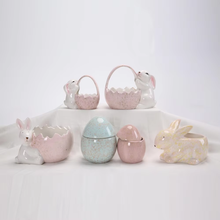 Spring Easter Party Supplies Gifts Fine Porcelain Bunny with Easter Basket Figurine