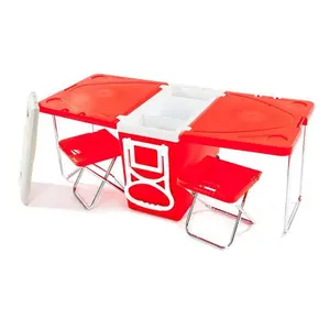 Kotak pendingin bergulir, kotak keranjang pendingin piknik berkemah luar ruangan dengan meja dan kursi 28L