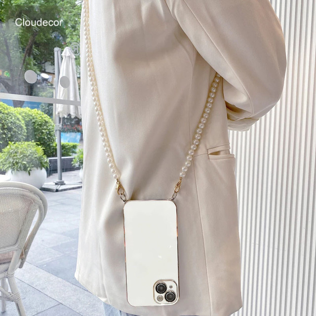 Handmade White Pearl Crossbody Phone Lanyard Necklace 118cm Beaded Mobile Chain Strap Unique Pearl Phone Case Accessory