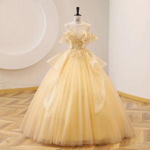 open lace back dress Glitter Quinceanera Dress 3D Flowers Sequined Lace Yellow Tulle Ball Gowns Sweet 16 Vestidos de Quinceañera main image 0