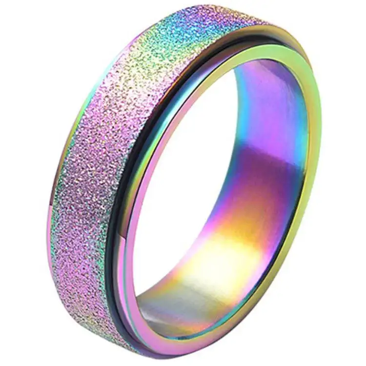 Stainless steel stress relief spinners rainbow plated frosting rotating anti anxiety fidget rings