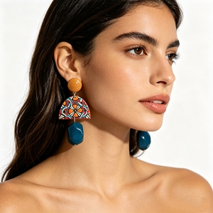 Bohemian Geometric Drop Acrylic Titanium Plated Pendant Earrings Mexican Folk Pattern Statement for Women Party Occasion - Product Image 1