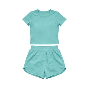 GSSO3771 Ensemble de yoga personnalisé pour petite fille active, jupe unie cyan, tenue d'été à manches courtes pour enfants - Product Image 1