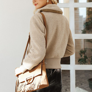 2019 Falso Lambswool Jaqueta Casaco Cáqui Quente Mulheres Inverno Patch Camurça Bolso Outerwear Moda Curta Zíper Jaqueta - Product Image 6