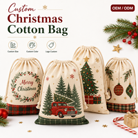 Sac en toile de coton réutilisable et écologique pour Noël, avec cordon de serrage, imprimé personnalisé flocon de neige et renne, pochette cadeau pour fête de Noël